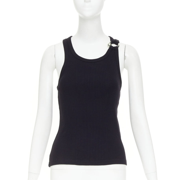 JEAN PAUL GAULTIER The Piercing black gold silver ring detail ribbed tank top S