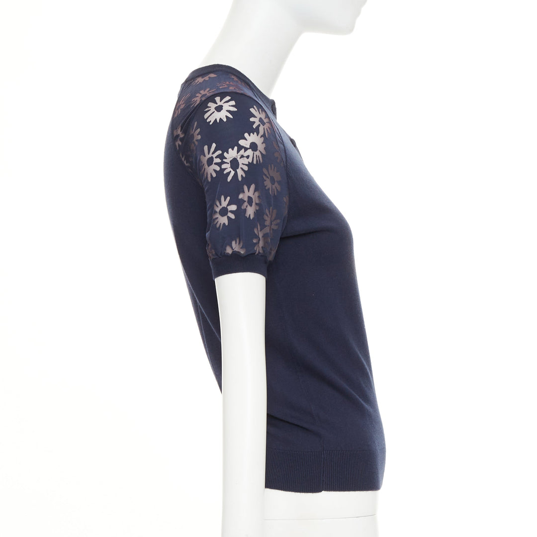 NINA RICCI navy viscose cotton sheer floral sleeve henley pullover sweater S