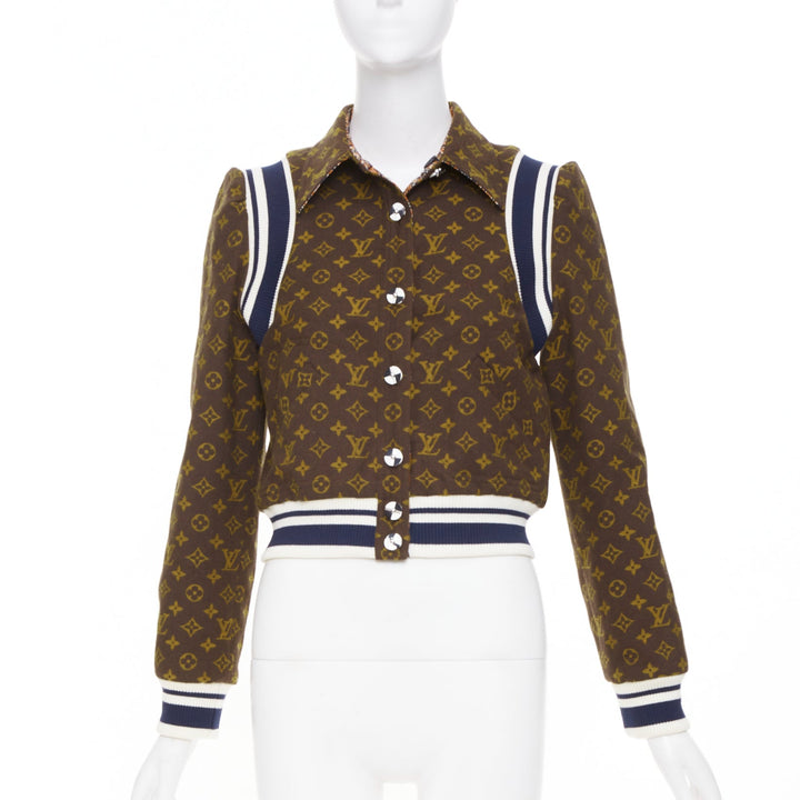 LOUIS VUITTON 2021 Reversible Monogram Cropped Varsity Knit outerwear FR36 S
