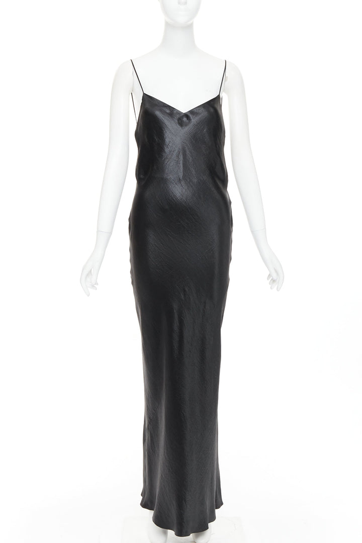 SAINT LAURENT 2023 Runway black iridescent satin plunge open back gown FR38 M