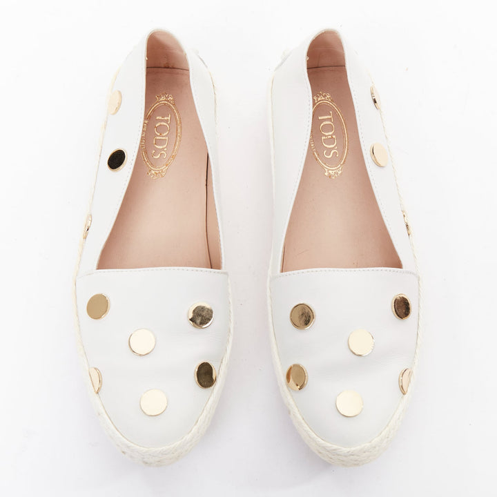 TOD'S white gold mirror polka dot leather espadrille loafers EU36