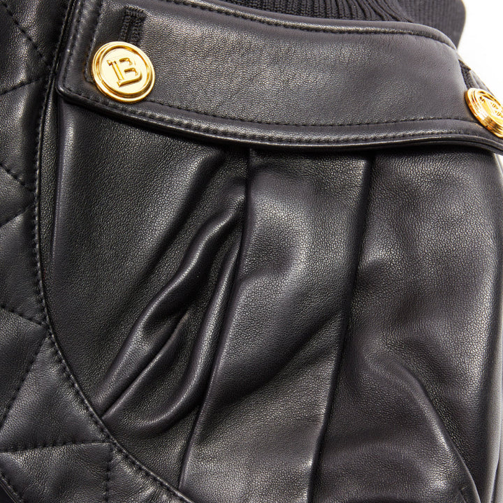 rare BALMAIN black lambskin leather gold B logo button bomber mini skirt FR34 XS