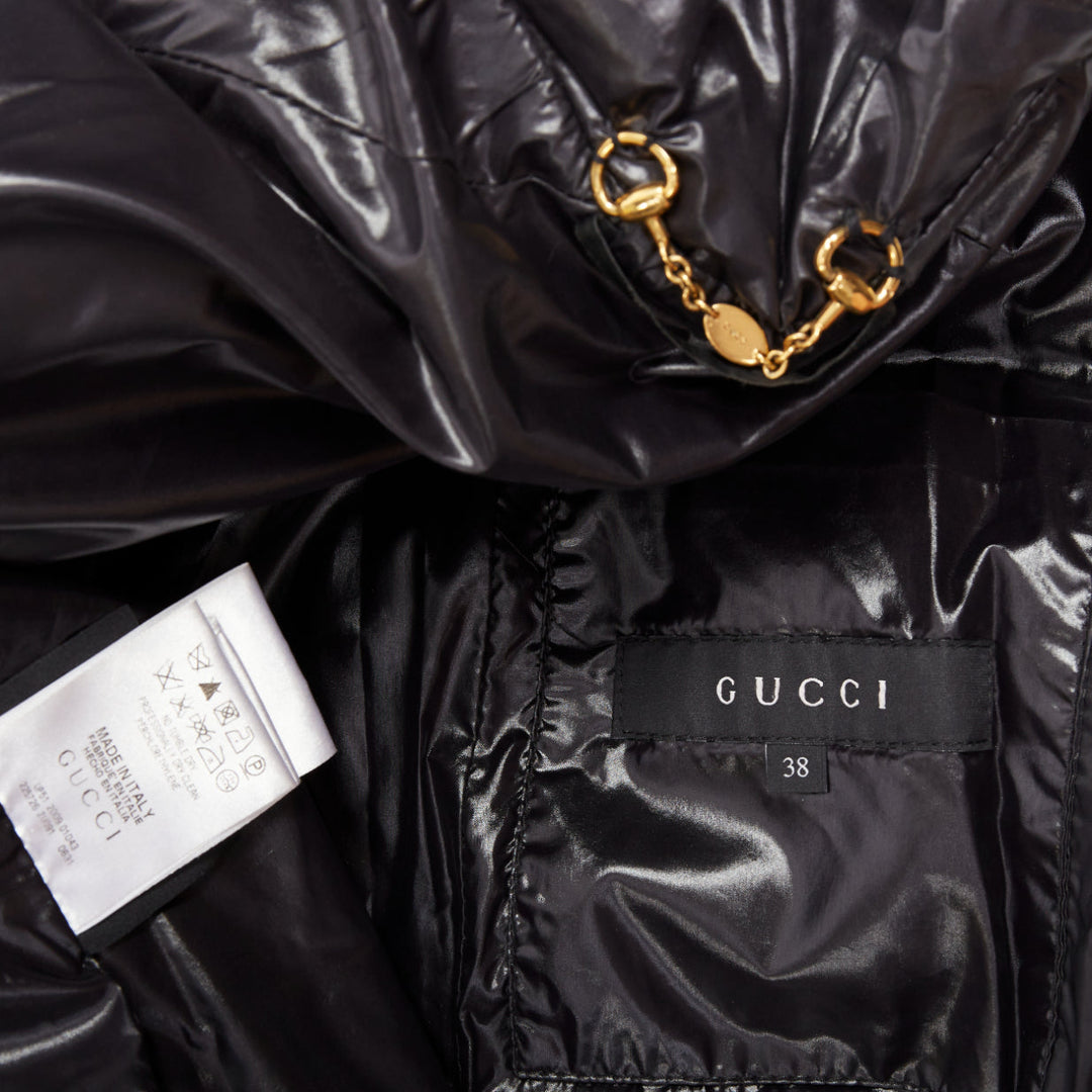 GUCCI 2009 black gold GG logo buckle belt long puffer coat IT38 XS