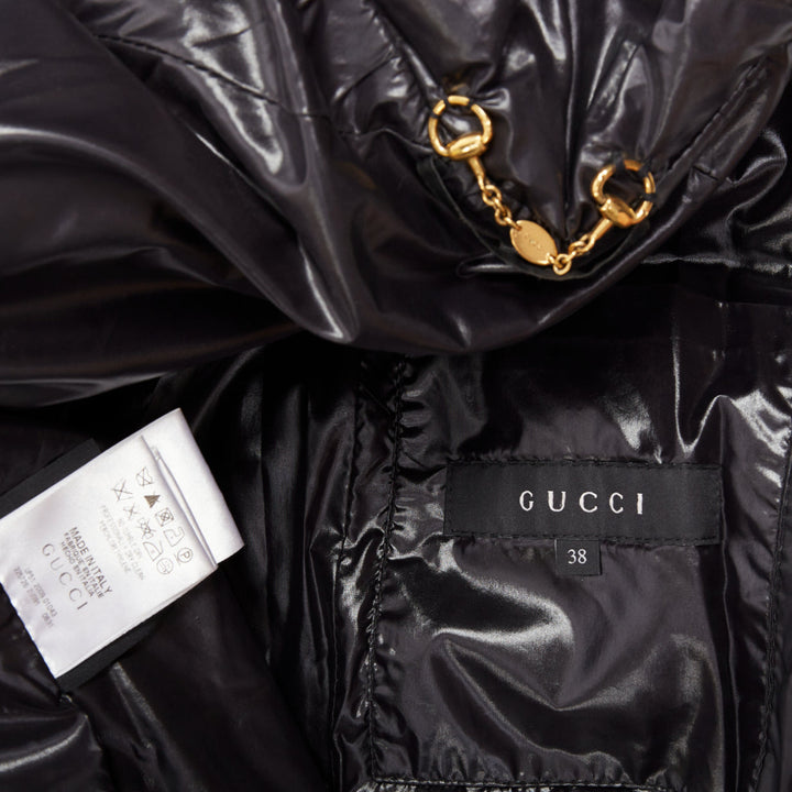 GUCCI 2009 black gold GG logo buckle belt long puffer coat IT38 XS