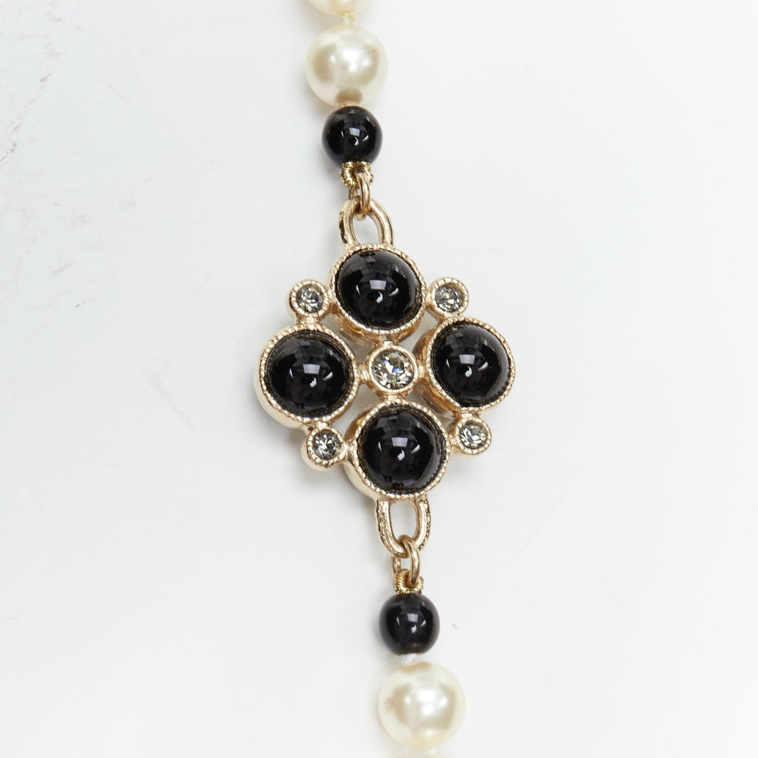 CHANEL 08P black Camelia enamel station faux pearl CC long necklace