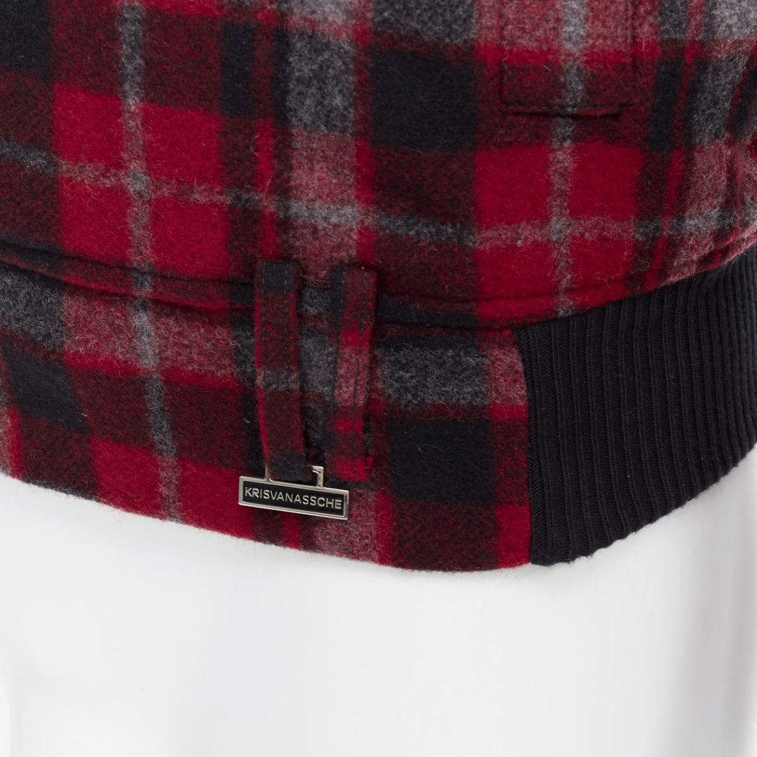 KRIS VAN ASSCHE red black virgin wool checkered cotton trim bomber IT46 S