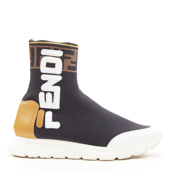 FENDI FILA Mania white logo lettering Zucca FF sock knit high top sneaker EU36