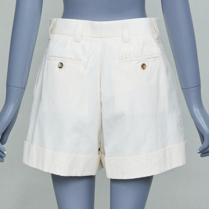 MIU MIU 2023 beige cotton patchwork back logo cuffed casual shorts IT38 XS