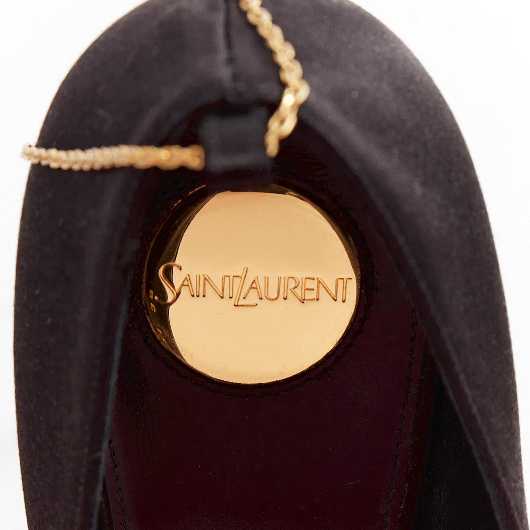 SAINT LAURENT black satin gold-tone YSL chain anklet point toe stiletto EU38