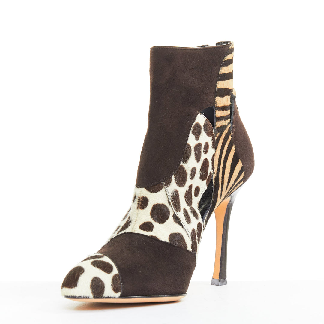 BRIAN ATWOOD Camoscio brown suede calf hair multi animal cut out booties EU38.5