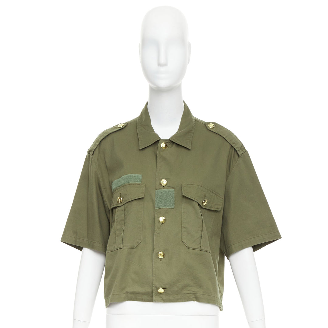 CELINE khaki green cotton gold Triomphe button military cropped shirt FR36 S