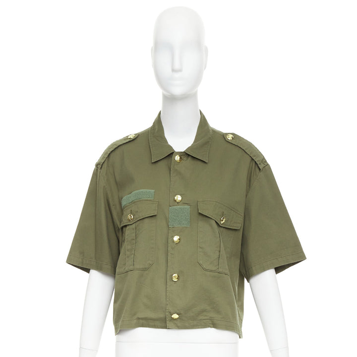 CELINE khaki green cotton gold Triomphe button military cropped shirt FR36 S