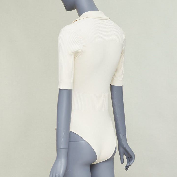 JACQUEMUS Le Body Yauco ivory viscose blend ribbed knit polo bodysuit top FR36 S