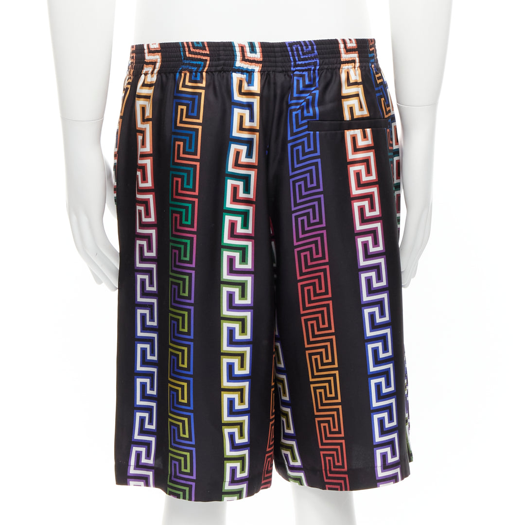 VERSACE 2021 Runway Neon Greca black college fit silk twill shorts IT48 M