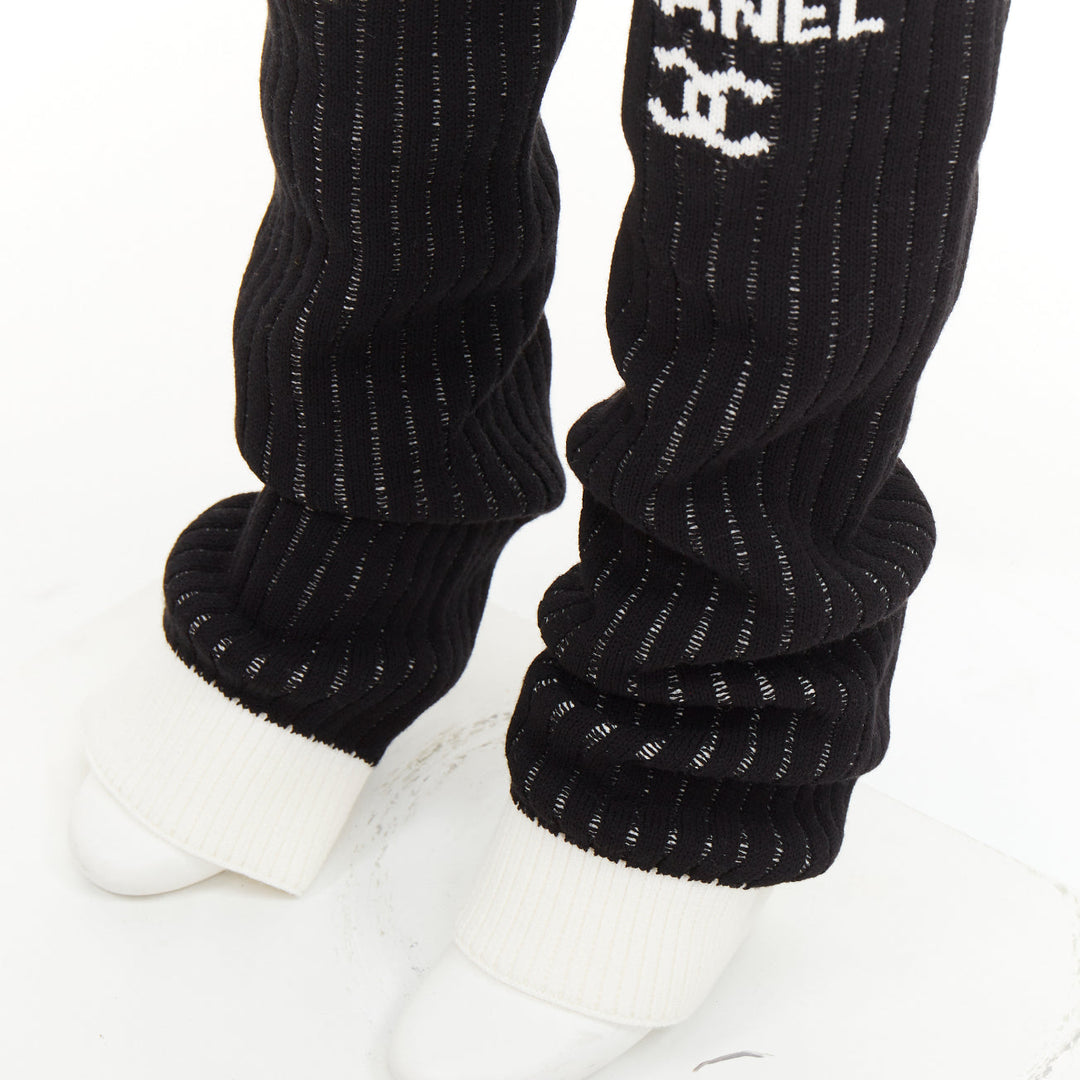 CHANEL 24C Runway CC logo black white ribbed knit striped trim leg warmers OS