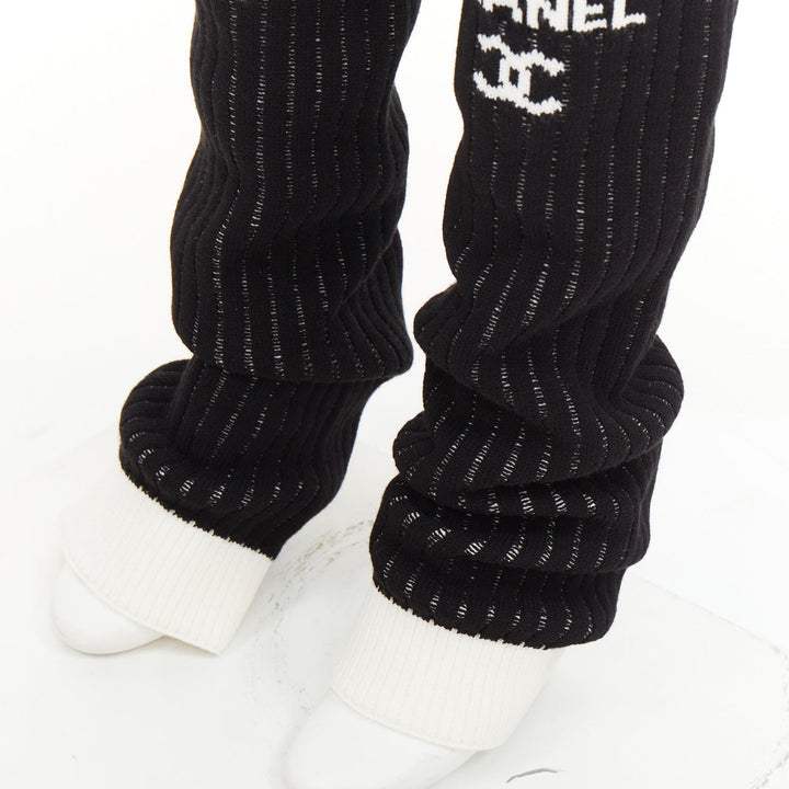CHANEL 24C Runway CC logo black white ribbed knit striped trim leg warmers OS