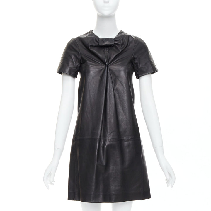 CESARE FABBRI black bow leather silk lined short sleeve dress IT40 S