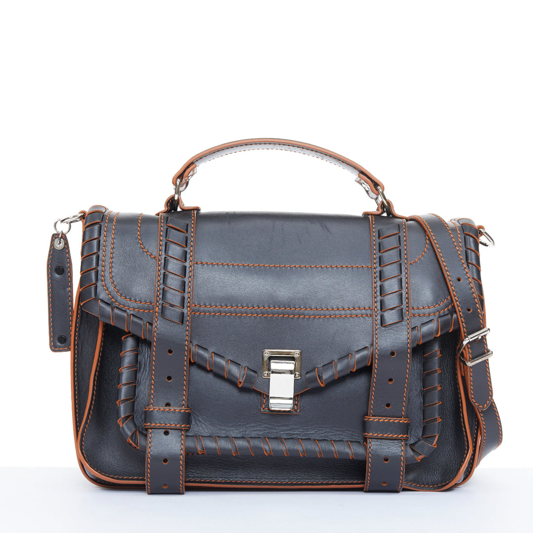 PROENZA SCHOULER PS1 Medium whipstitch black leather orange trim satchel bag OS