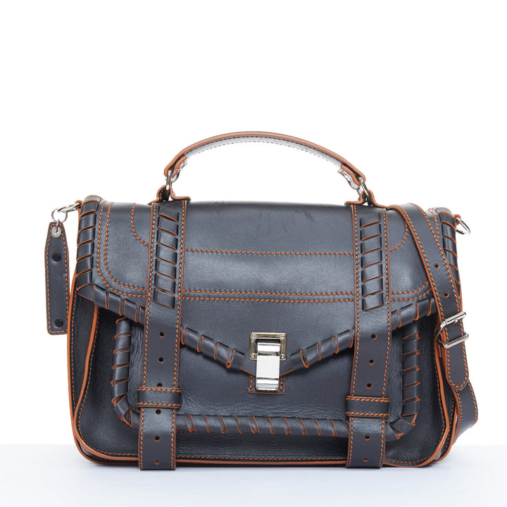 PROENZA SCHOULER PS1 Medium whipstitch black leather orange trim satchel bag OS