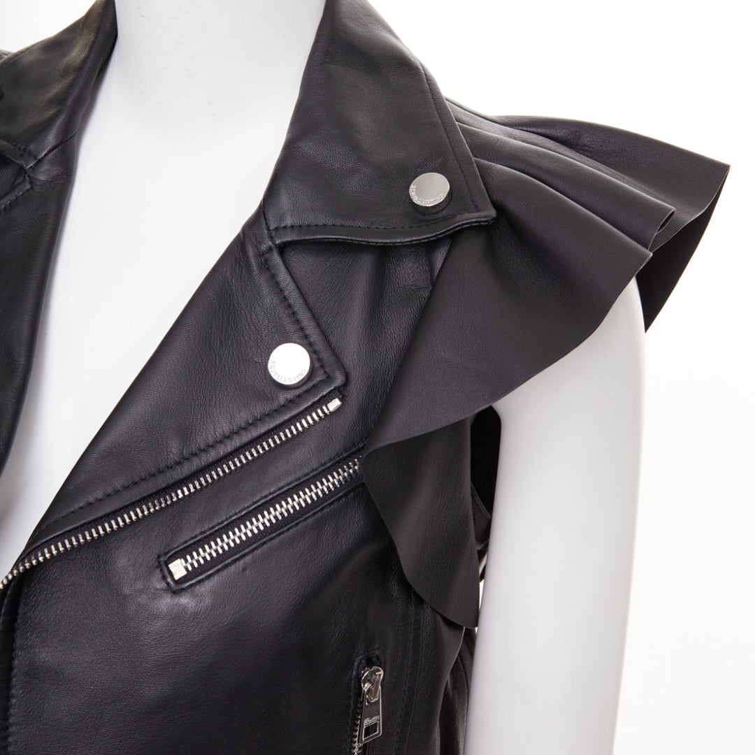 RED VALENTINO 2021  black lambskin leather ruffle biker vest jacket IT38 XS