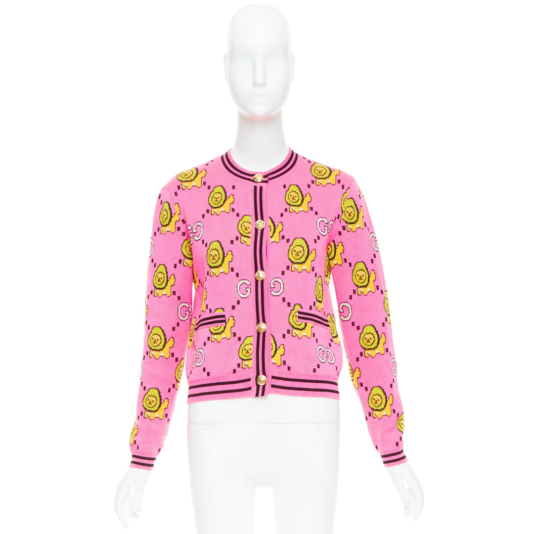 GUCCI PIKARAR pink yellow cotton Kawaii Lion GG monogram cropped cardigan XXS
