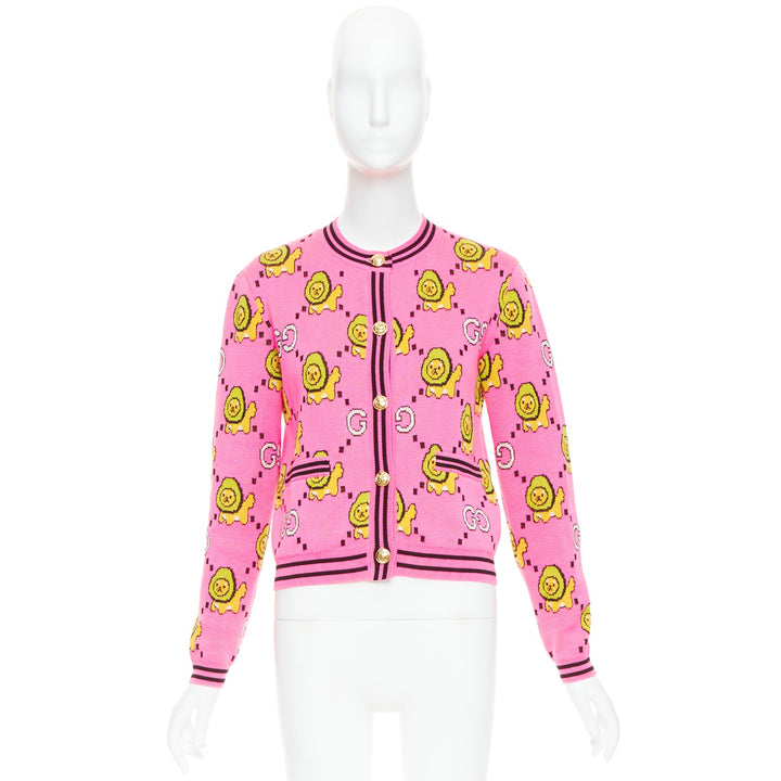 GUCCI PIKARAR pink yellow cotton Kawaii Lion GG monogram cropped cardigan XXS