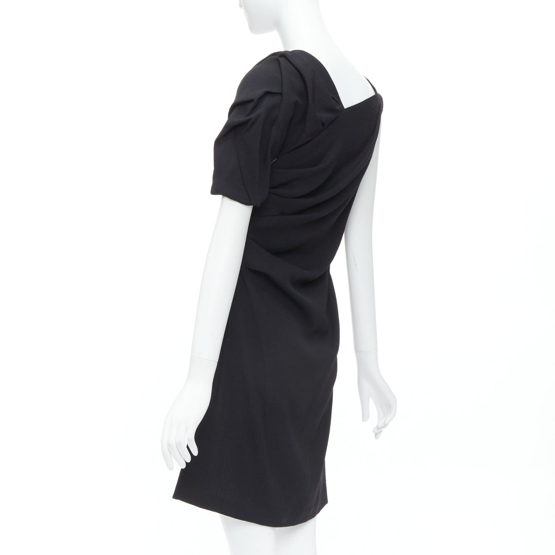 DRIES VAN NOTEN black wool blend asymmetric sleeve drape dress FR36 S