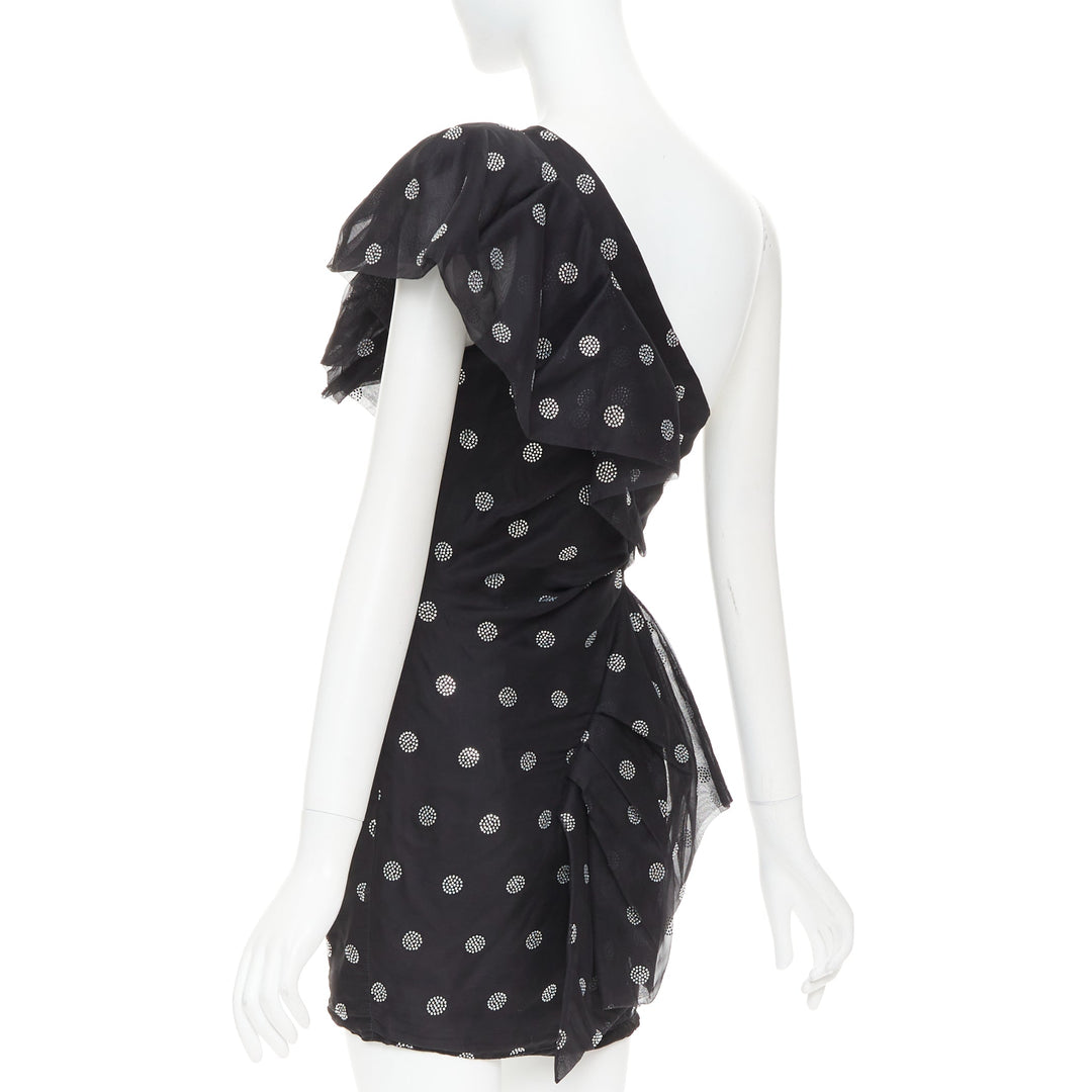 ALEXANDRE VAUTHIER SS2019 black chiffon silver crystal ruffle one shoulder dress