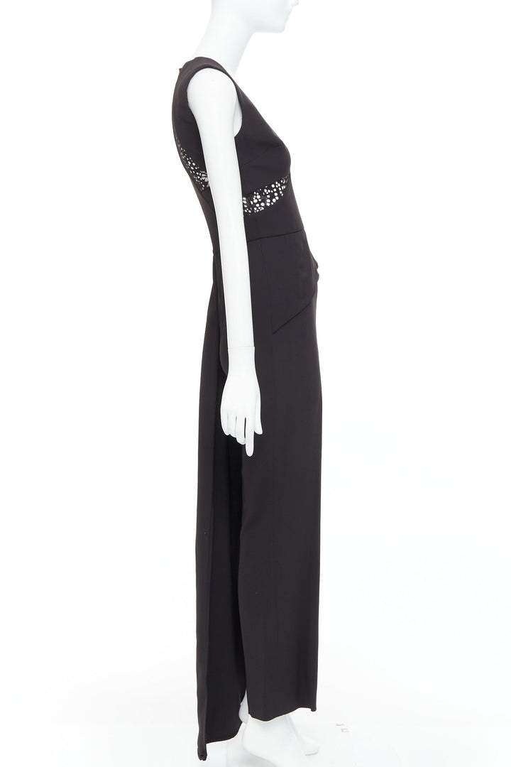 ELIE SAAB black sheer panels drape asymmetric V neck jumpsuit FR36 S