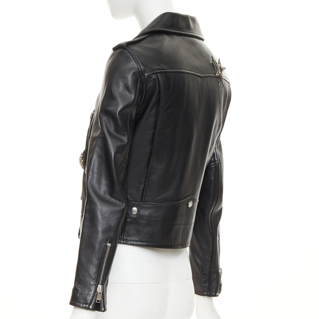 SAINT LAURENT 2017 Pearl Heart embellished black lambskin biker jacket S
