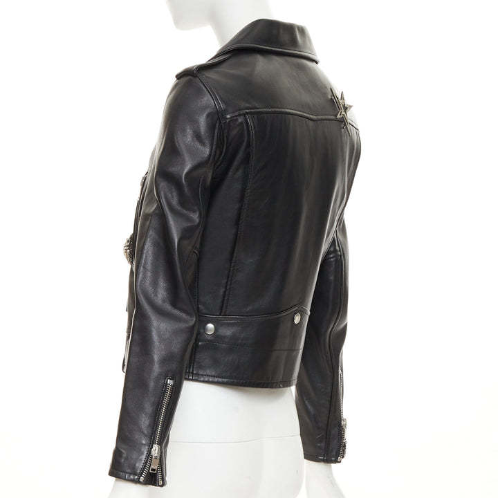 SAINT LAURENT 2017 Pearl Heart embellished black lambskin biker jacket S