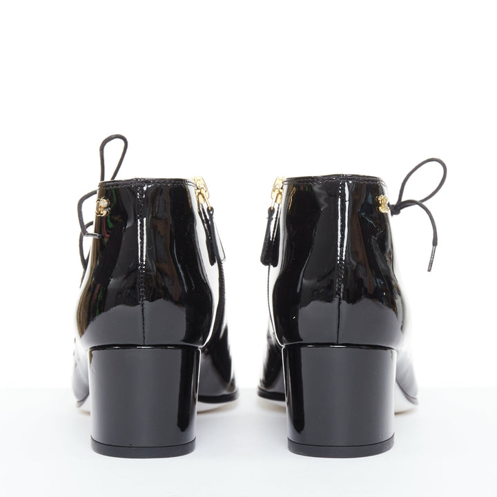 CHANEL 15A Paris-Salzburg Runway black patent gold CC lace-up ankle booties EU39