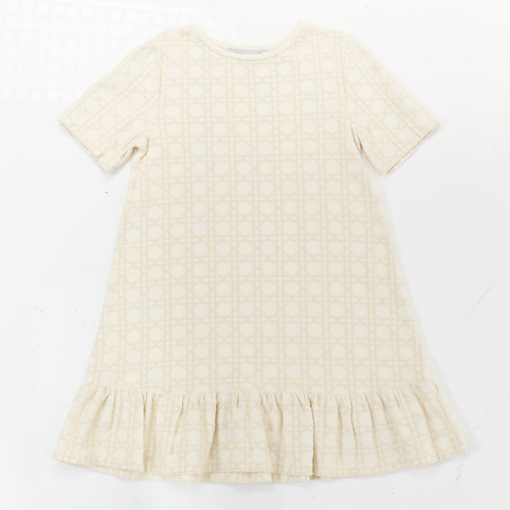 BABY DIOR ivory 100% cotton velvet flock Cannage ruffle hem A-line dress 6Y