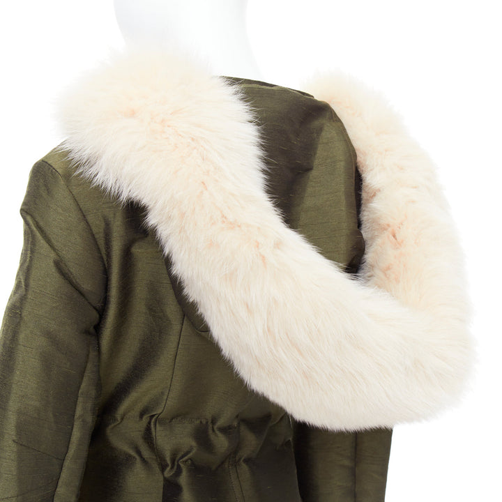 DIOR military green pocketed cream fur hood belted anorak coat FR34 XS