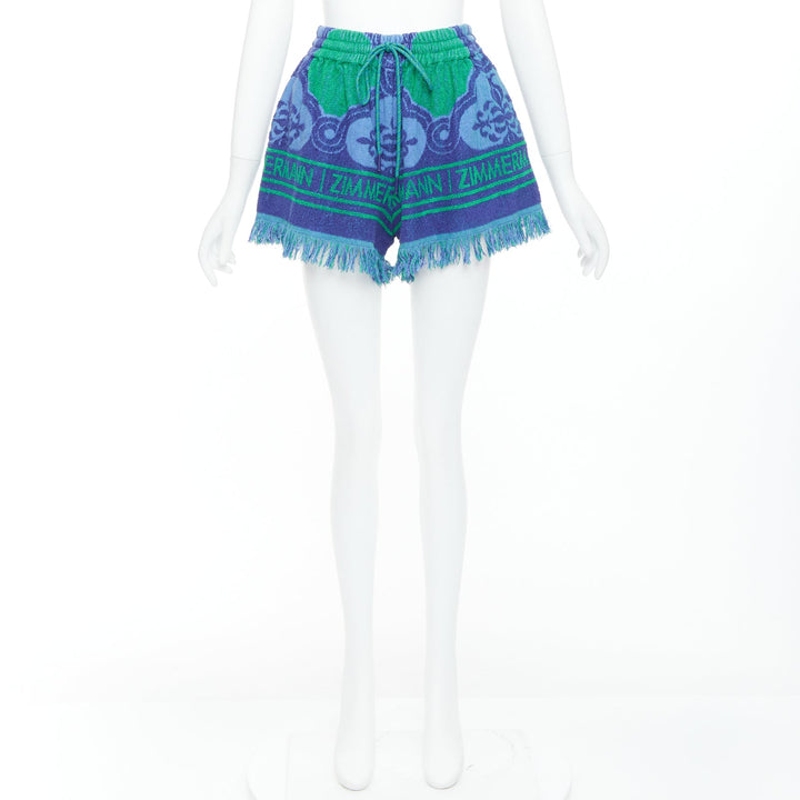 ZIMMERMANN Tiggy blue green terry cloth logo fringe shorts US0 XS