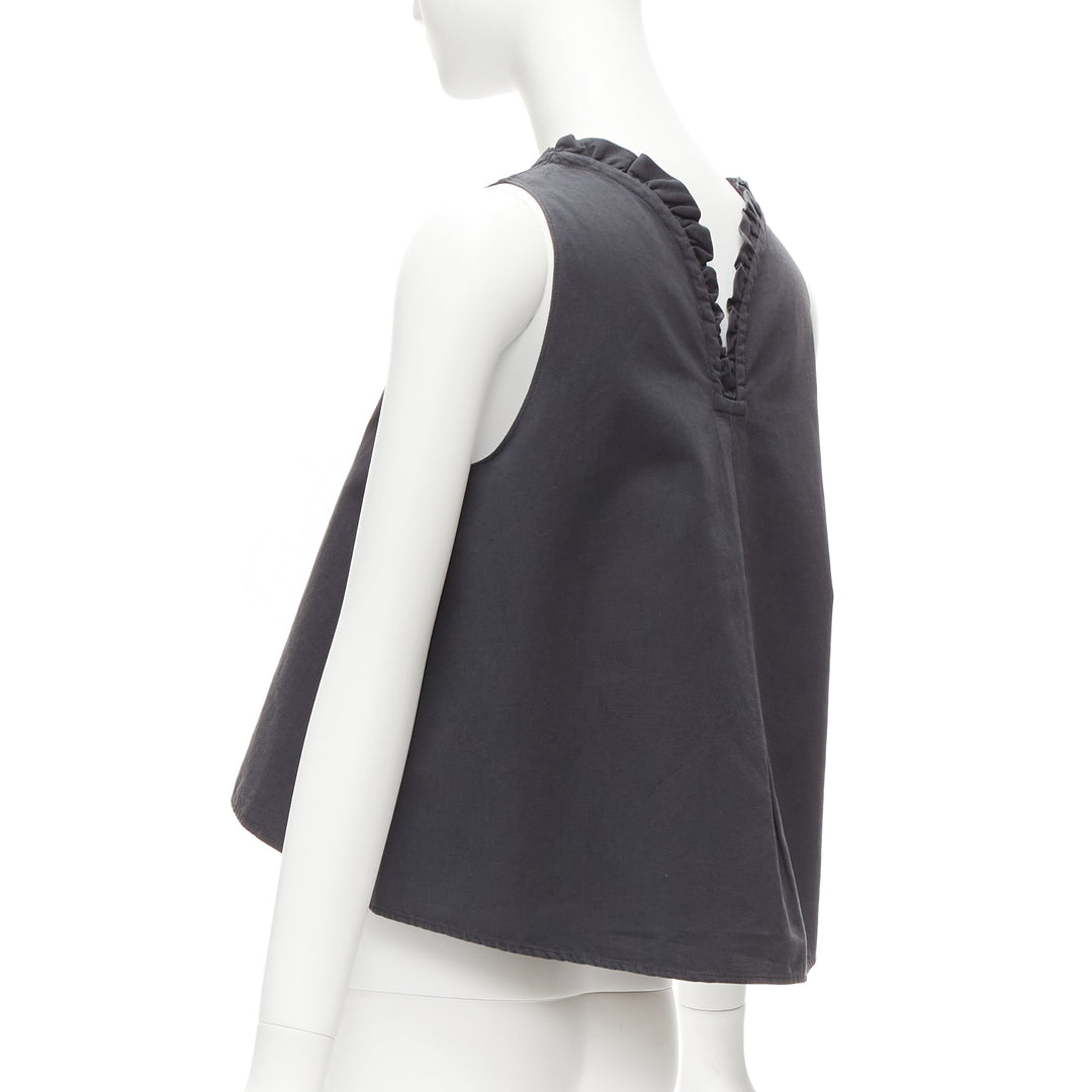 ATLANTIQUE ASCOLI charcoal grey ruffle collar dipped back boxy top US2 S