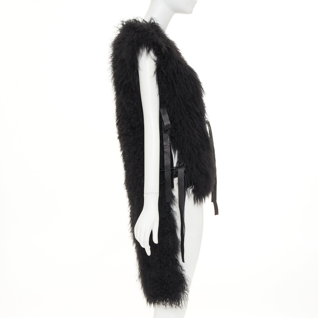 GIVENCHY black Mongolia shearling fur leather ribbon high low vest coat IT36 XXS
