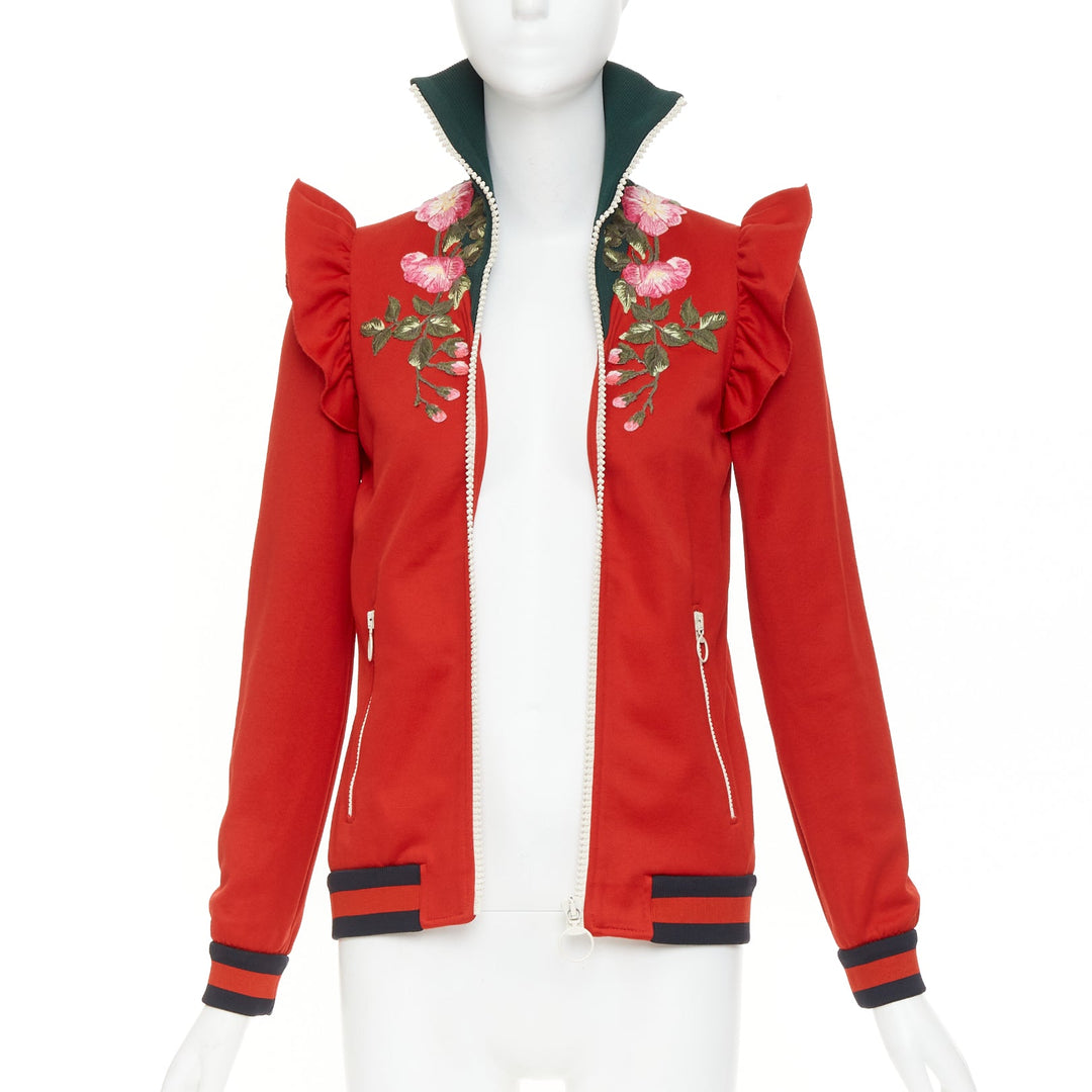 GUCCI 2017 red pink flower embroidery applique web ruffle zip track jacket XS