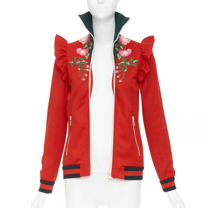 GUCCI 2017 red pink flower embroidery applique web ruffle zip track jacket XS