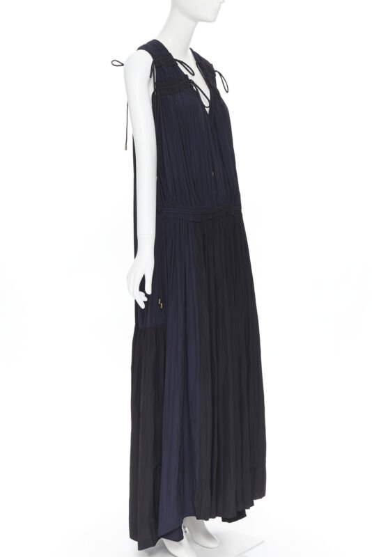 LANVIN ALBER ELBAZ midnight blue black pleated tie detail maxi dress FR34 XS