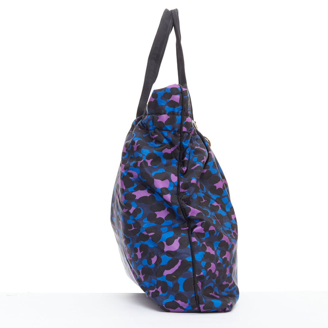 LANVIN blue purple leopard print black bow strap shoulder tote bag