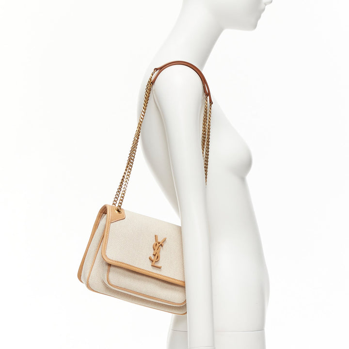 SAINT LAURENT Niki beige canvas brown leather trim logo flap crossbody chain bag
