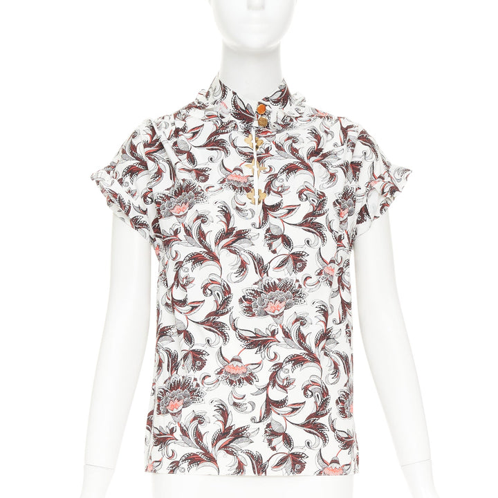 LOUIS VUITTON white red burgundy paisley floral LV button ruffled shirt FR34 XS