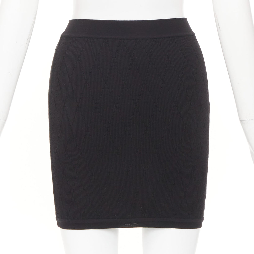 CHANEL black cotton diamond stitch knit cc resin logo button skirt FR34 XS