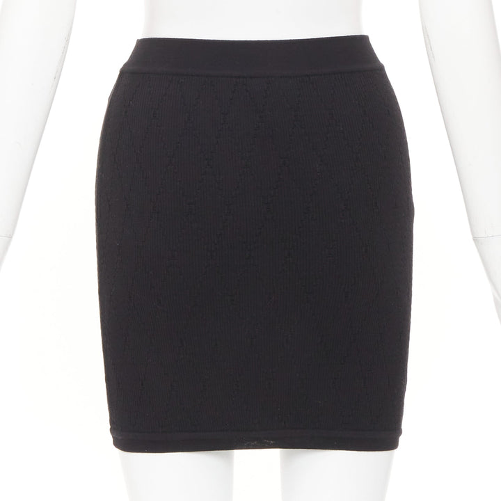 CHANEL black cotton diamond stitch knit cc resin logo button skirt FR34 XS