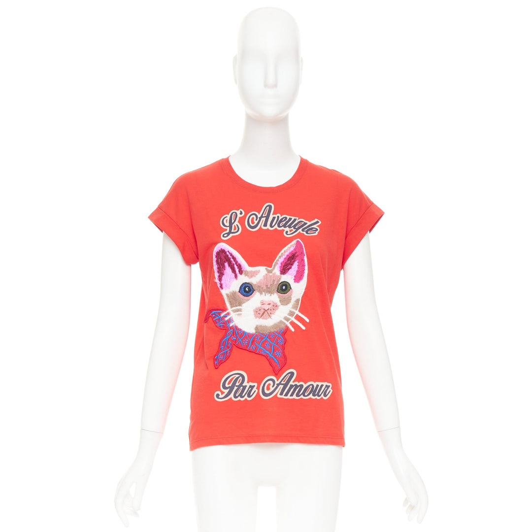 GUCCI L'Aveugle Par Amour red cat embroidered short sleeve t-shirt S