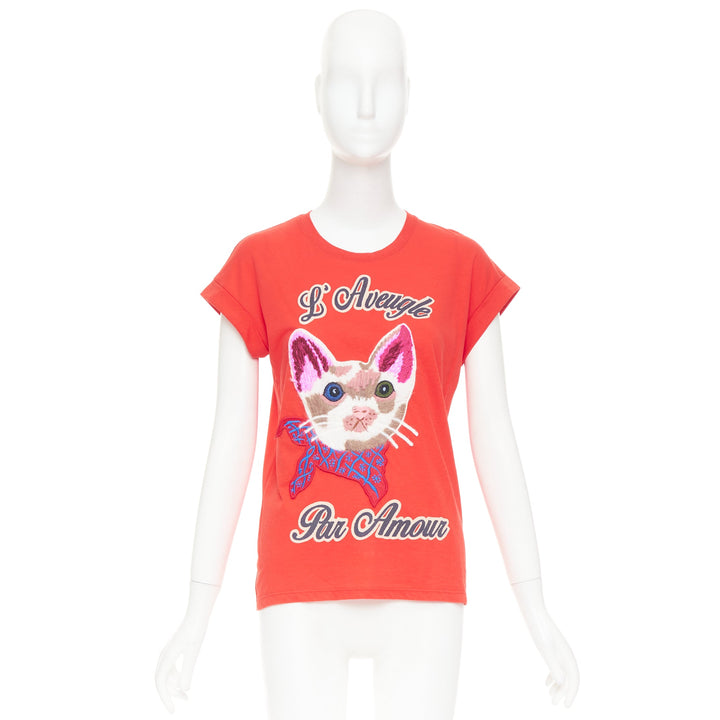 GUCCI L'Aveugle Par Amour red cat embroidered short sleeve t-shirt S