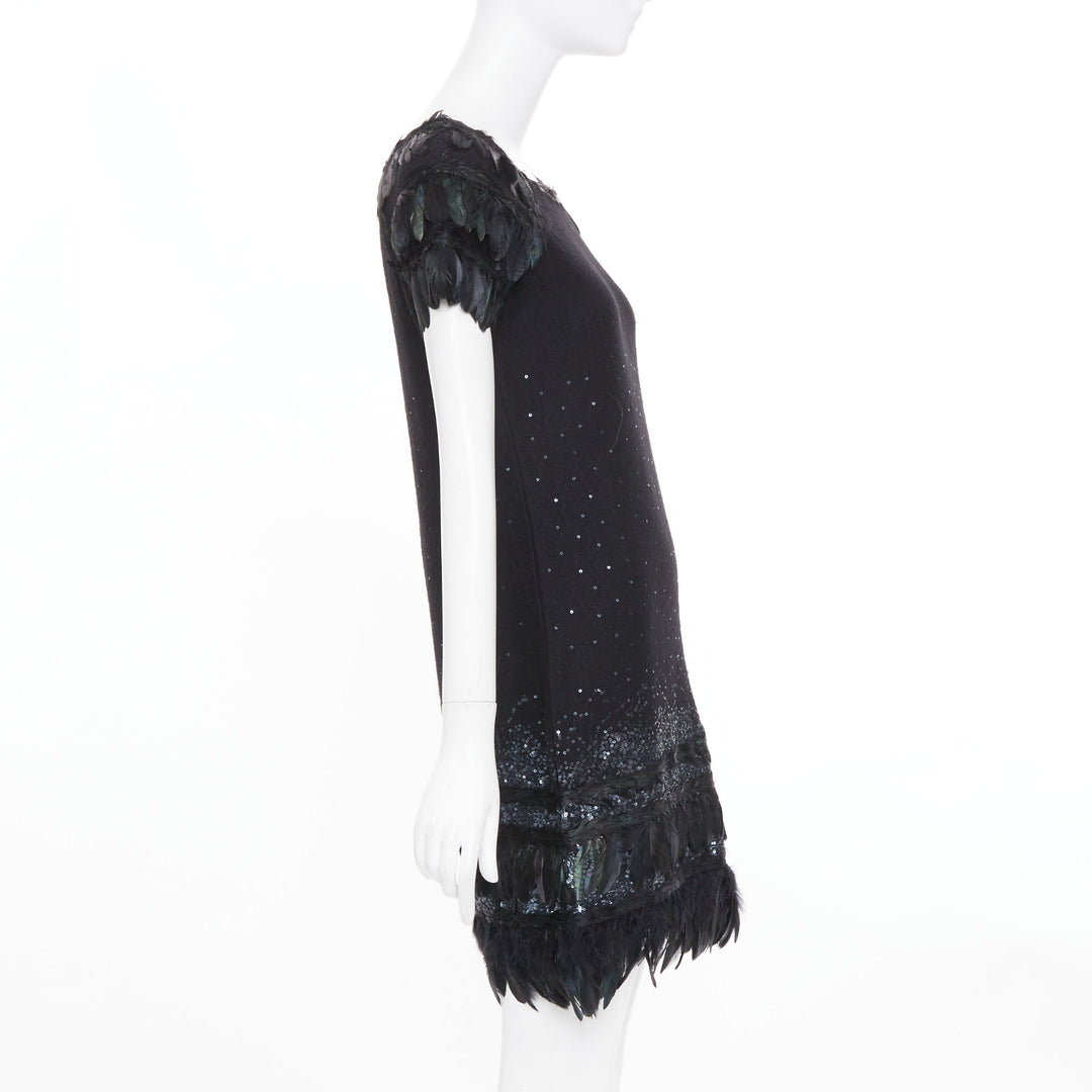 DIANE VON FURSTENBERG black wool iridescent sequin feather hem mini dress S