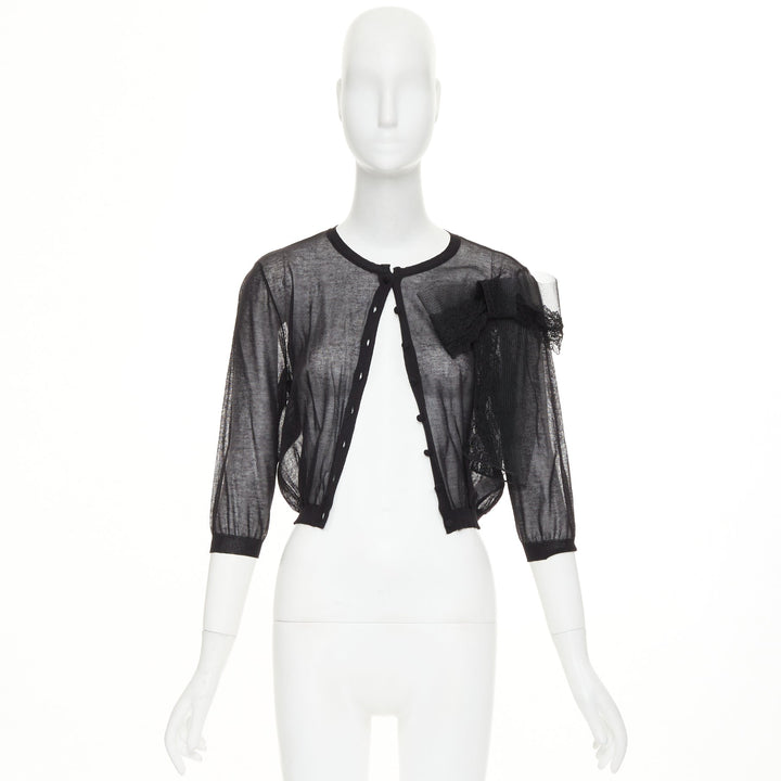 VALENTINO black cotton blend sheer knit oversized lace bow crop cardigan M