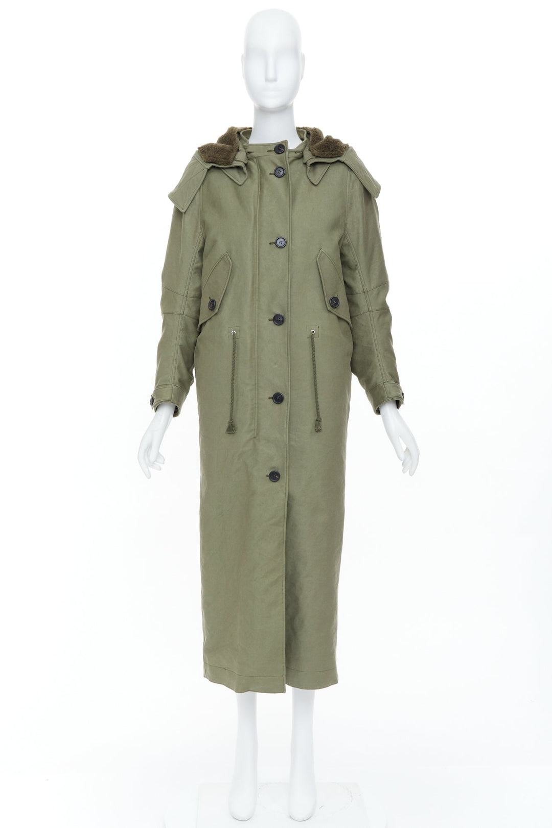 PRADA 2023 Runway green military cargo cocoon back long hooded coat IT38XS